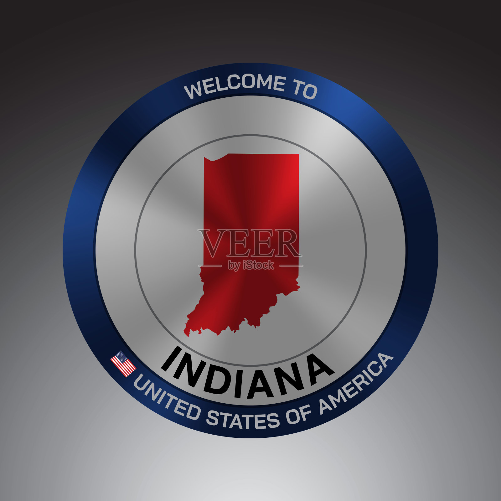 标志盾风格的美国与信息，印第安纳州和红色地图灰色背景矢量艺术图像插图。设计元素图片