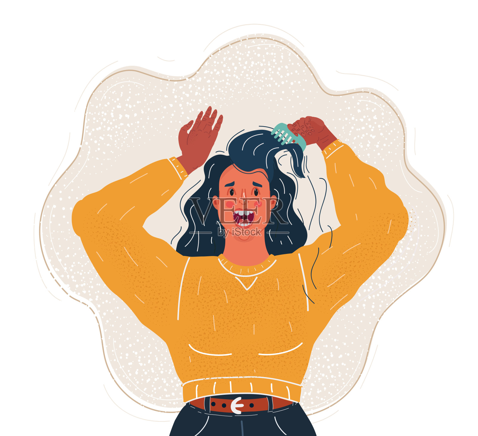 矢量插图心烦年轻女子有问题与她的头发。梳子上松散的卷发插画图片素材