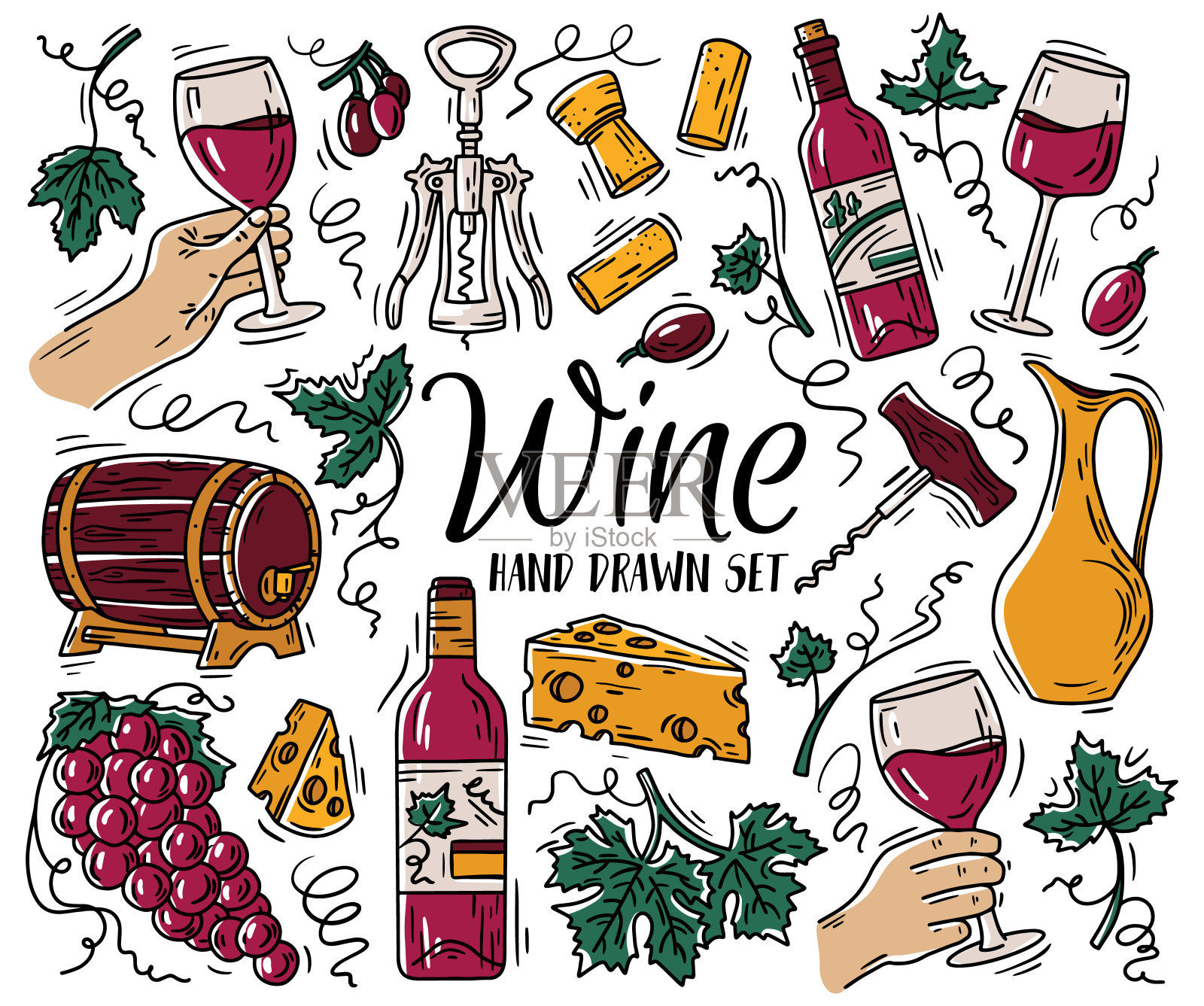 矢量颜色设置与葡萄酒和奶酪涂鸦素描风格插画图片素材