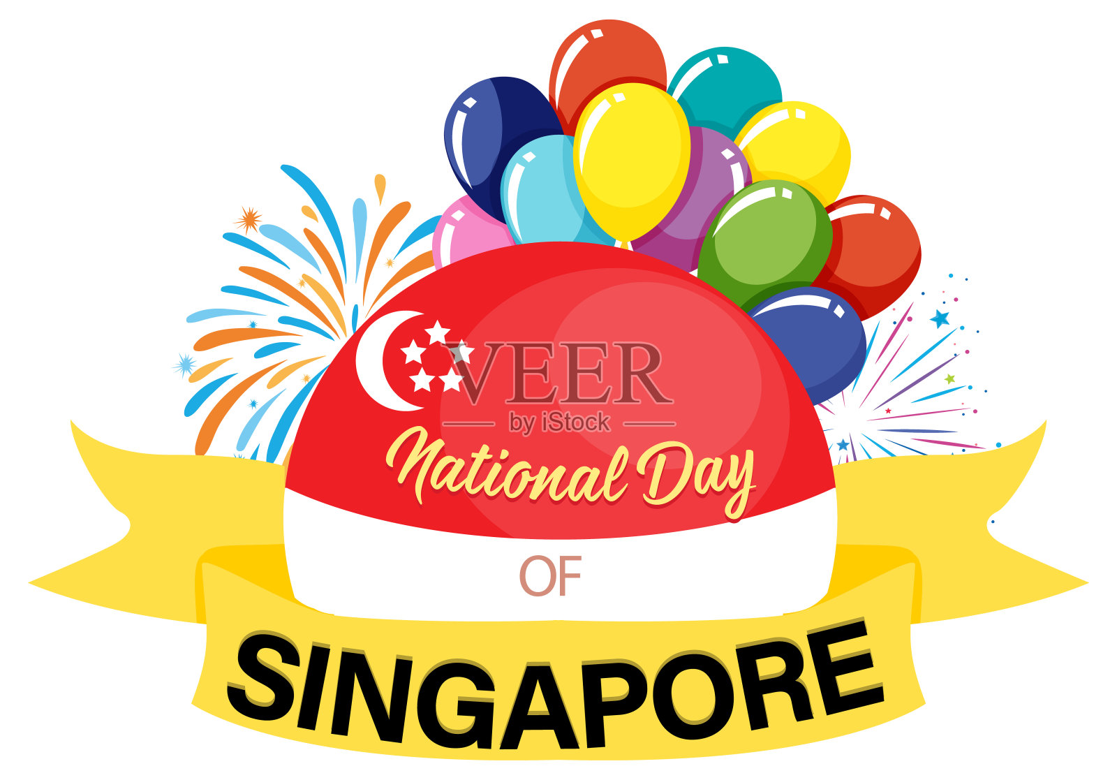 新加坡国庆日的横幅上有烟花和气球的元素插画图片素材