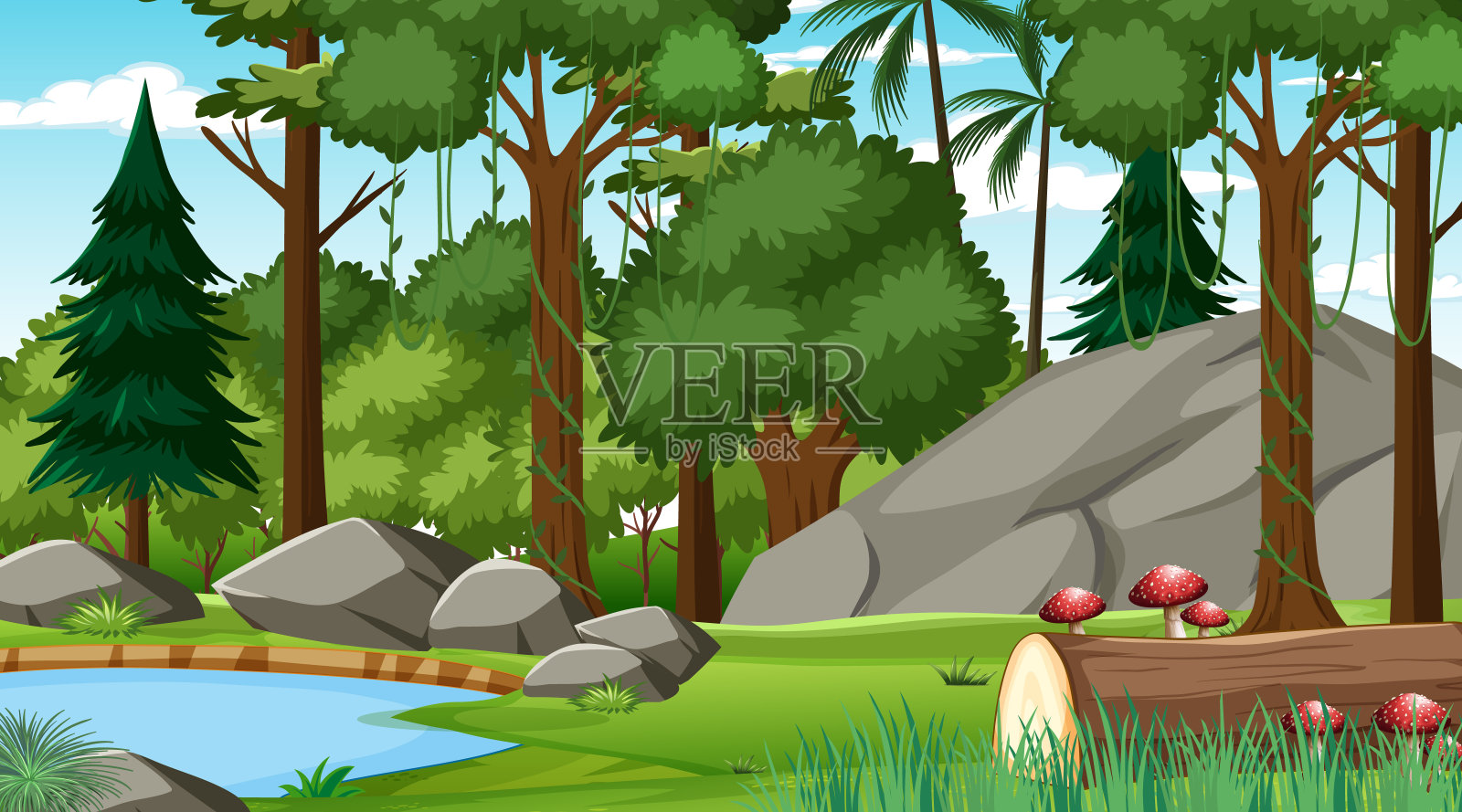 森林白天的场景与各种森林树木插画图片素材
