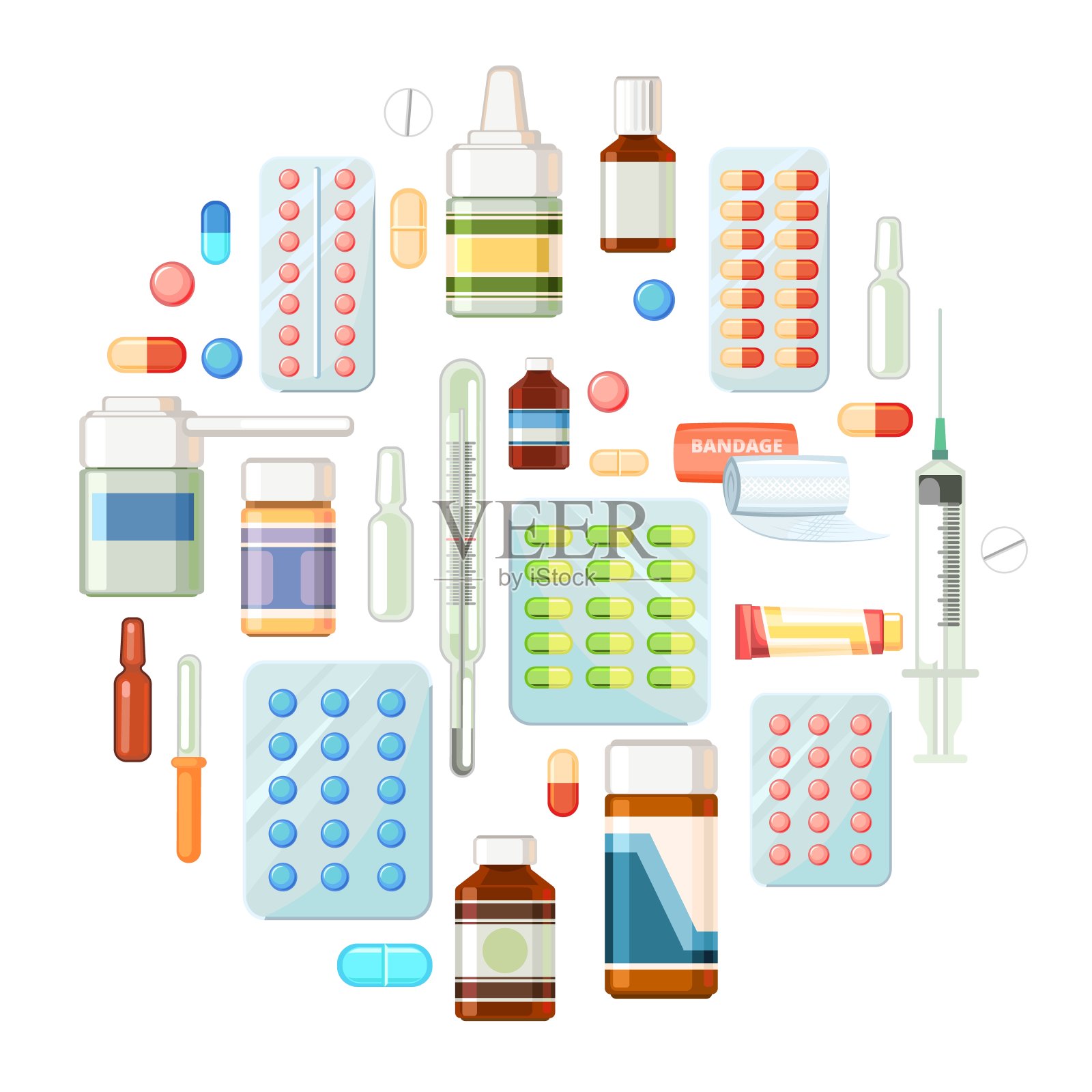 药物。插图药丸，胶囊，温度计，注射器。药用药。制药行业。救护车。药店孤立在白色背景上。平面设计。向量插画图片素材