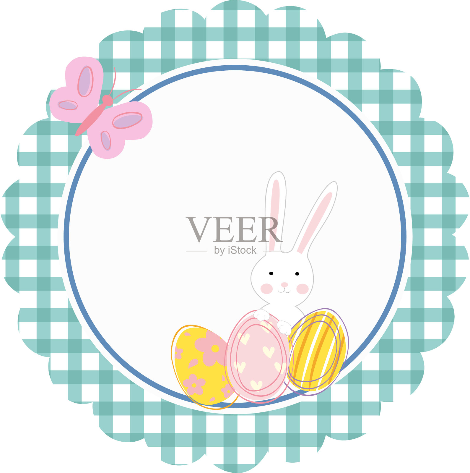 复活节彩蛋，一只兔子和一只蝴蝶插画图片素材