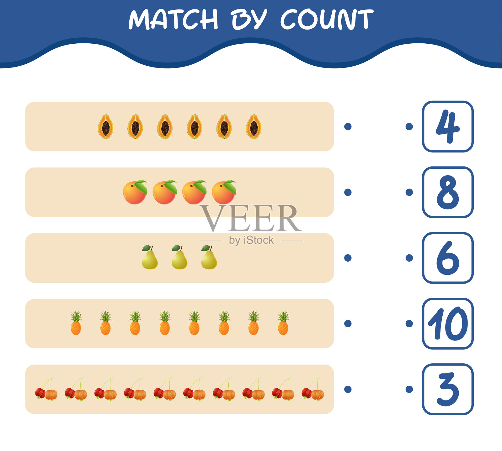 卡通水果配对计数教育游戏插画图片素材