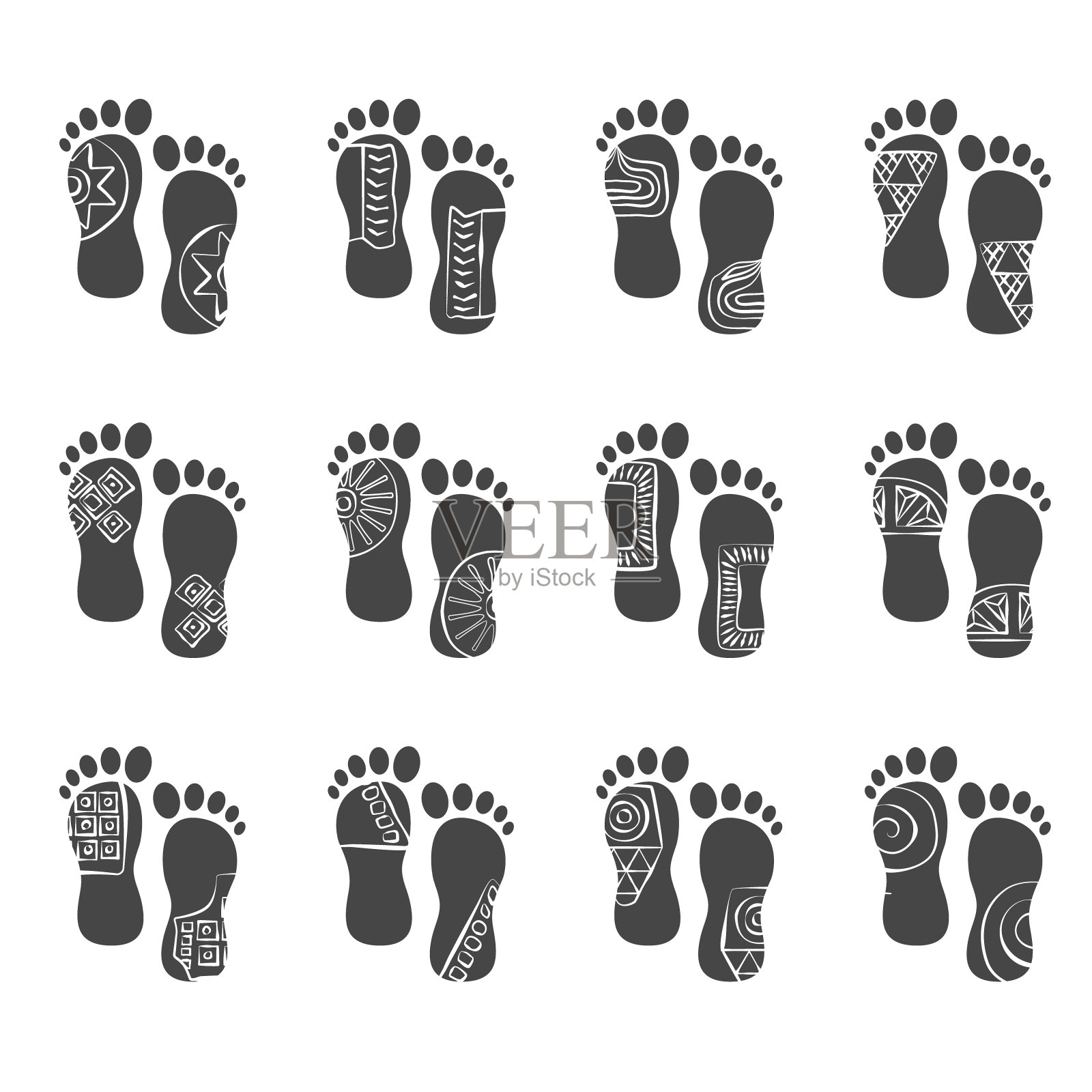 矢量人类鞋底脚印与墨水画插画图片素材