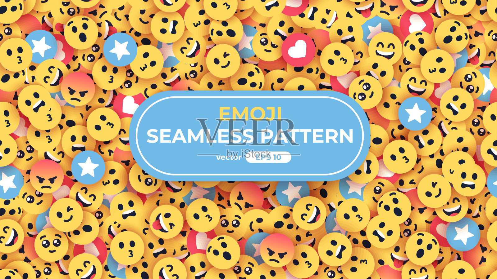 无缝emoji模式。表情符号的背景。黄色的脸有着不同的有趣的情绪。简单的设计图标。聊天的元素。面向移动应用、社交媒体的UI、UX。平面风格矢量插图。插画图片素材
