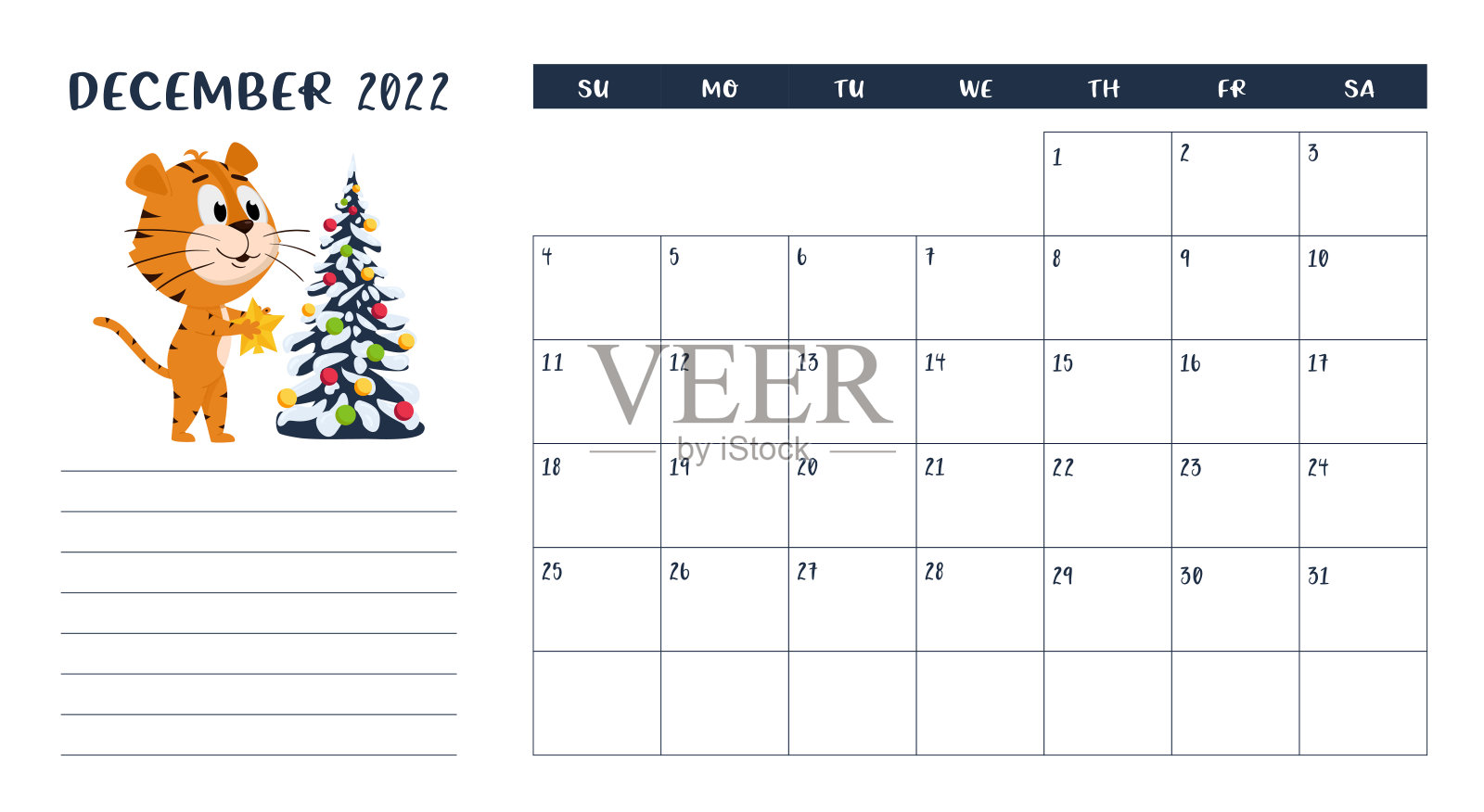 水平桌面日历页面模板12月2022年与一个卡通的中国年符号。一周从星期天开始。老虎装扮圣诞树。设计模板素材