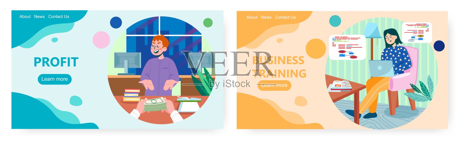 赢利登陆页面设计，网站banner矢量模板集。商业成长培训在线课程。插画图片素材