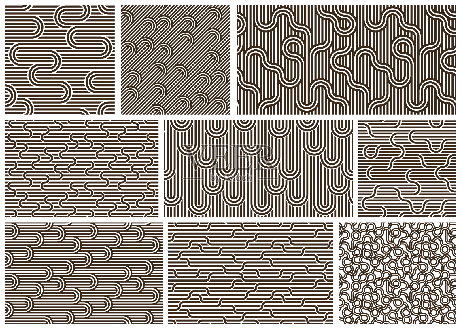 线性无缝背景与扭曲线，矢量抽象几何图案设置，条纹编织，光学迷宫，网络。插画图片素材