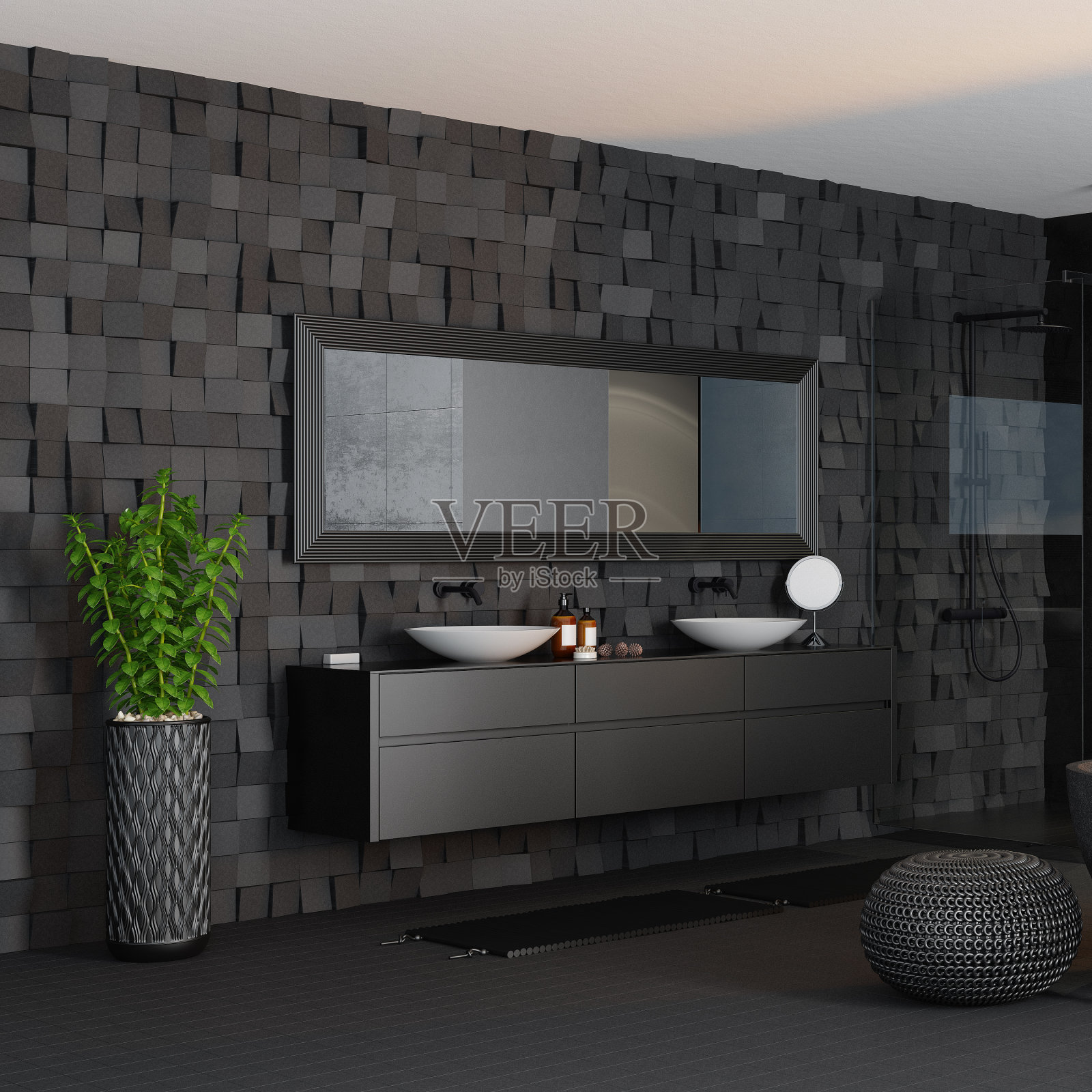 现代极简浴室水疗概念。照片摄影图片