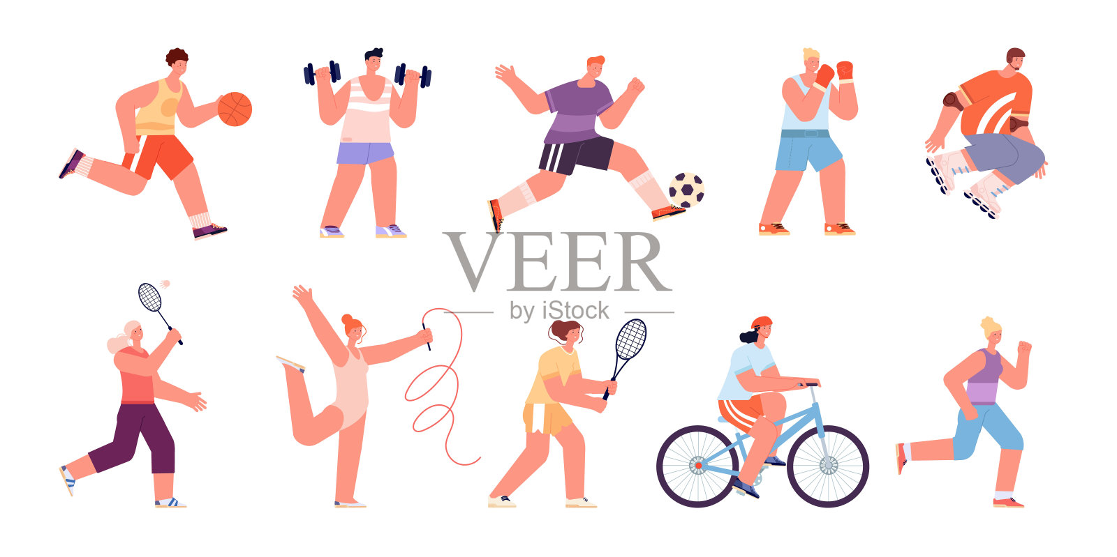 体育人的角色。健康女性跑步专业运动员踢足球的人，孤立的运动女性。跑步网球运动员完全矢量集设计元素图片