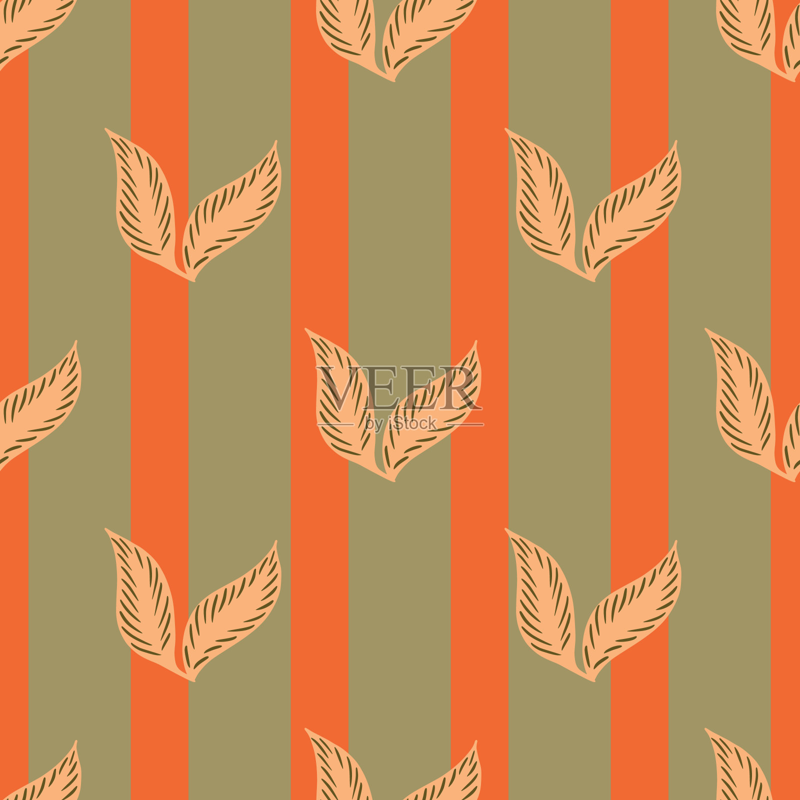 手绘无缝图案与简单的落叶元素打印。橙色条纹背景。插画图片素材
