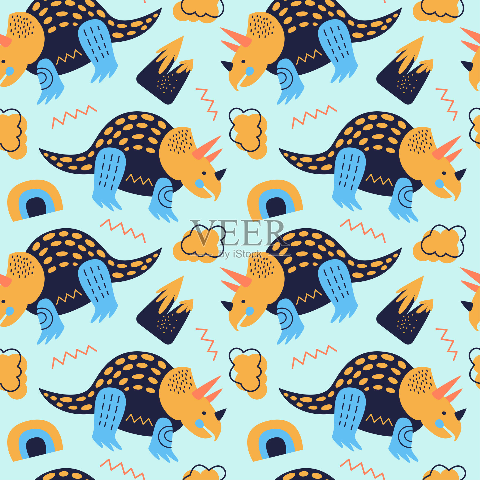 矢量插图无缝模式与恐龙。插画图片素材