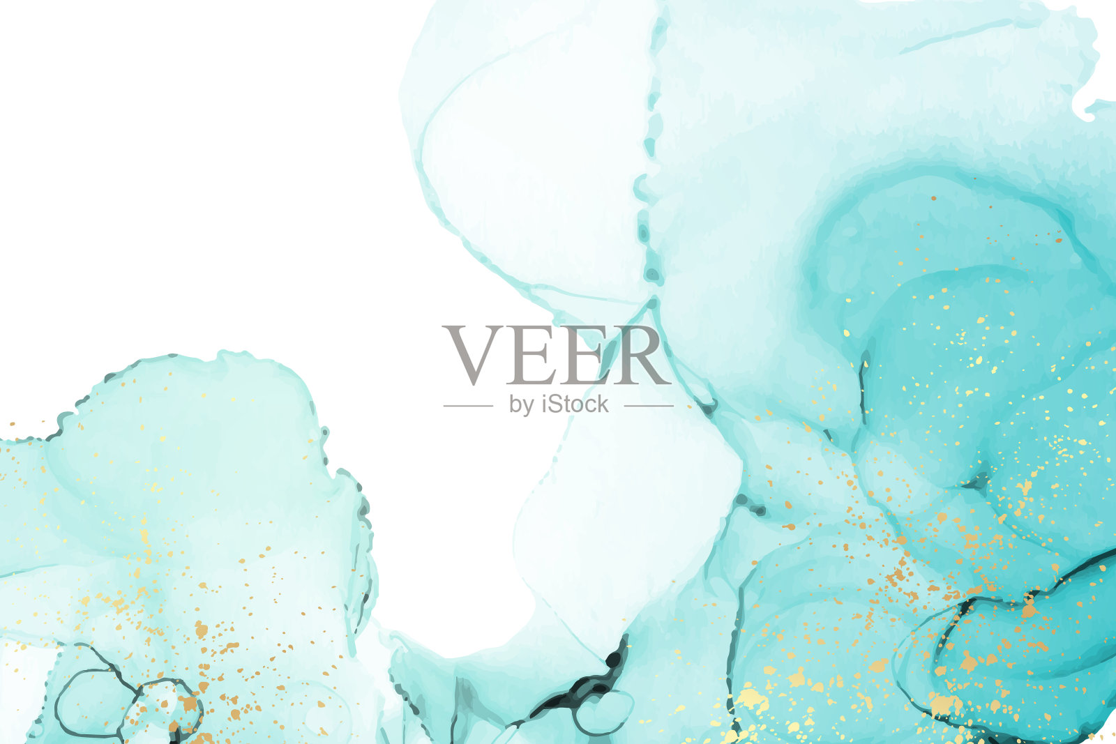 水彩背景与抽象的水墨画波浪和金色飞溅在白色。插画图片素材