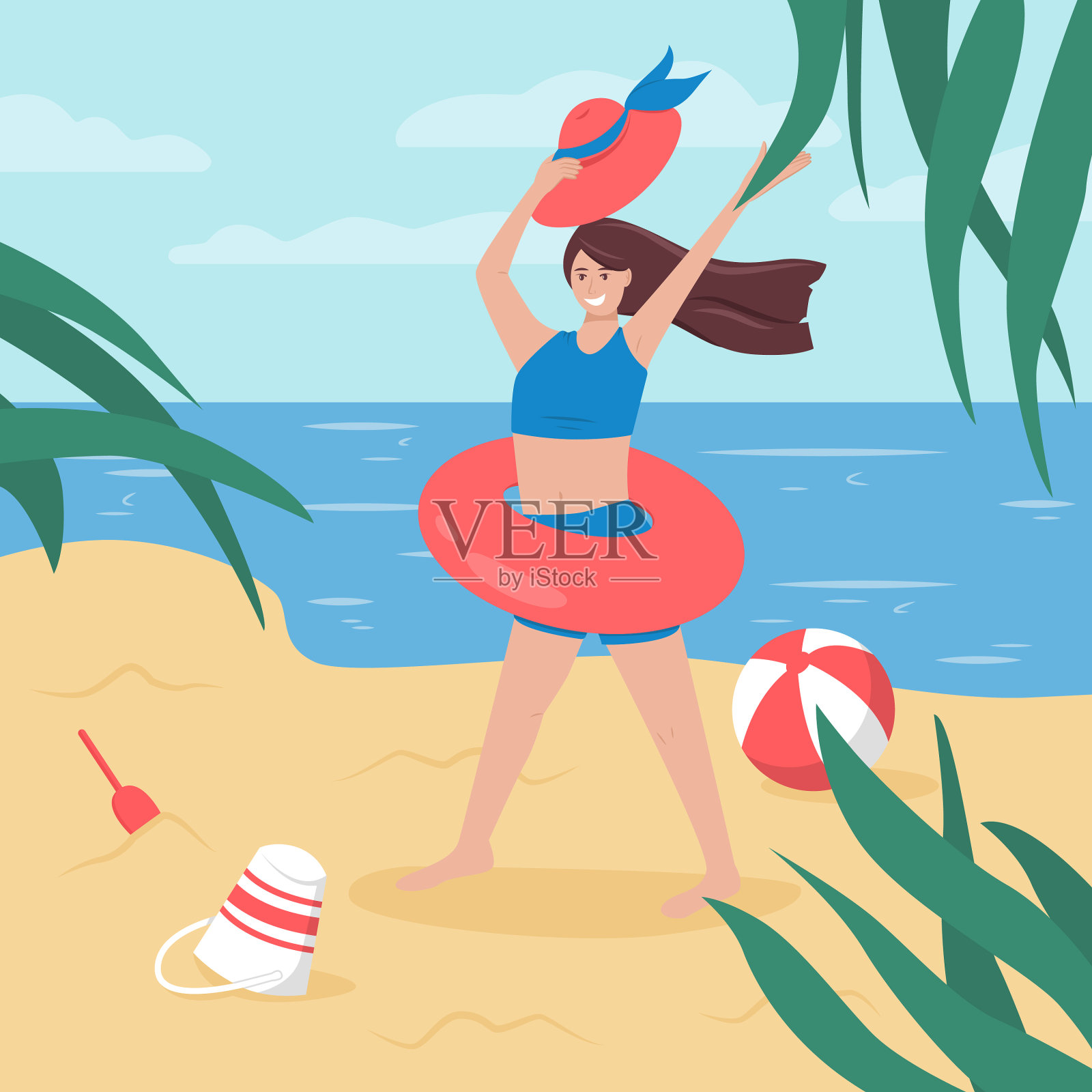 女人站在海滩上，戴着红色的生命戒指和帽子插画图片素材