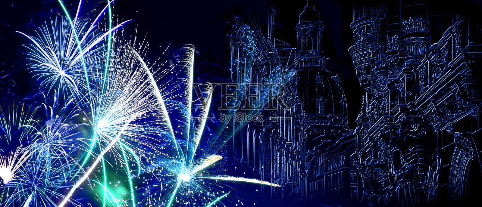 烟花与蓝色浮雕的德累斯顿在黑色的背景照片摄影图片