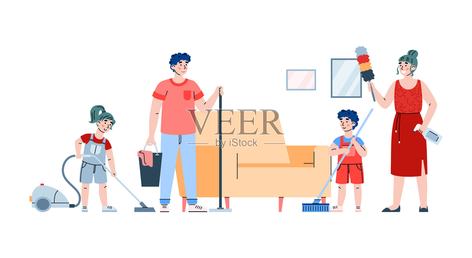 家庭一起打扫客厅平面卡通设计元素图片