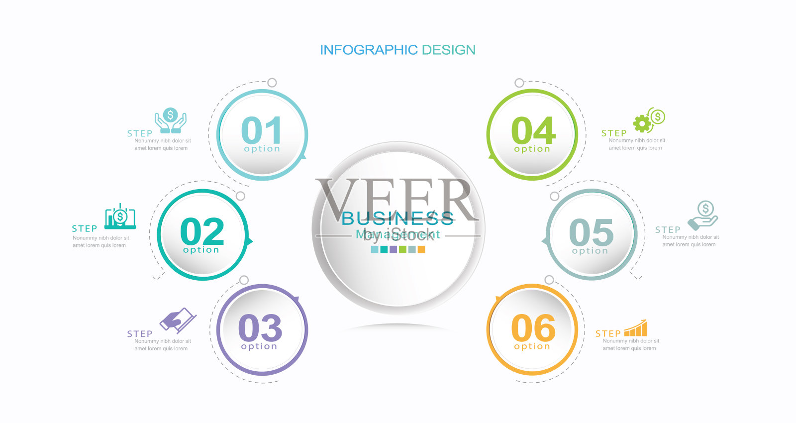 商业圈。时间轴信息图图标设计的抽象背景模板股票插图信息图，数字6，圆，部分，周期表插画图片素材