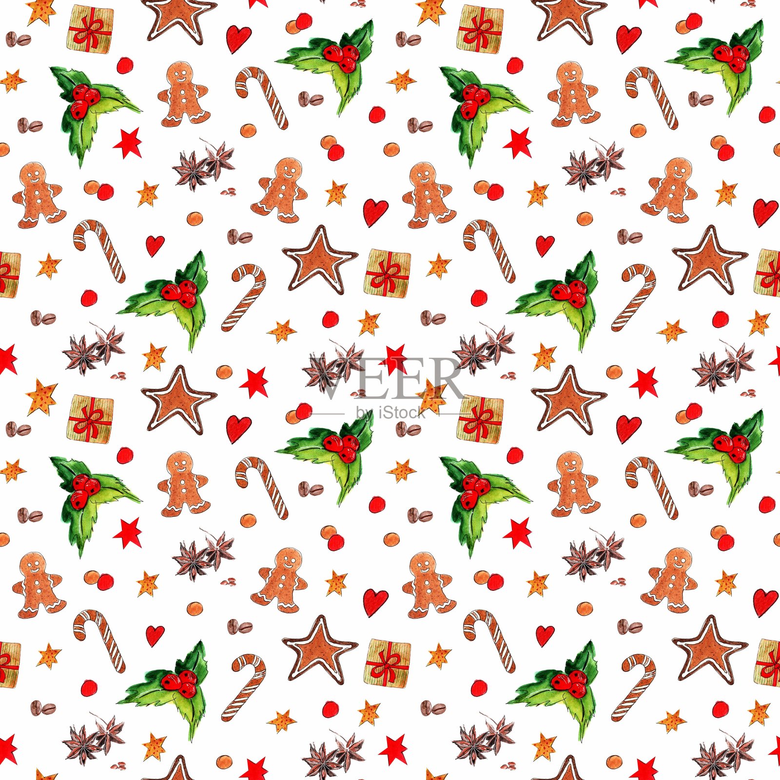 圣诞节无缝图案，选择包装纸和面料设计。水彩手绘插图插画图片素材