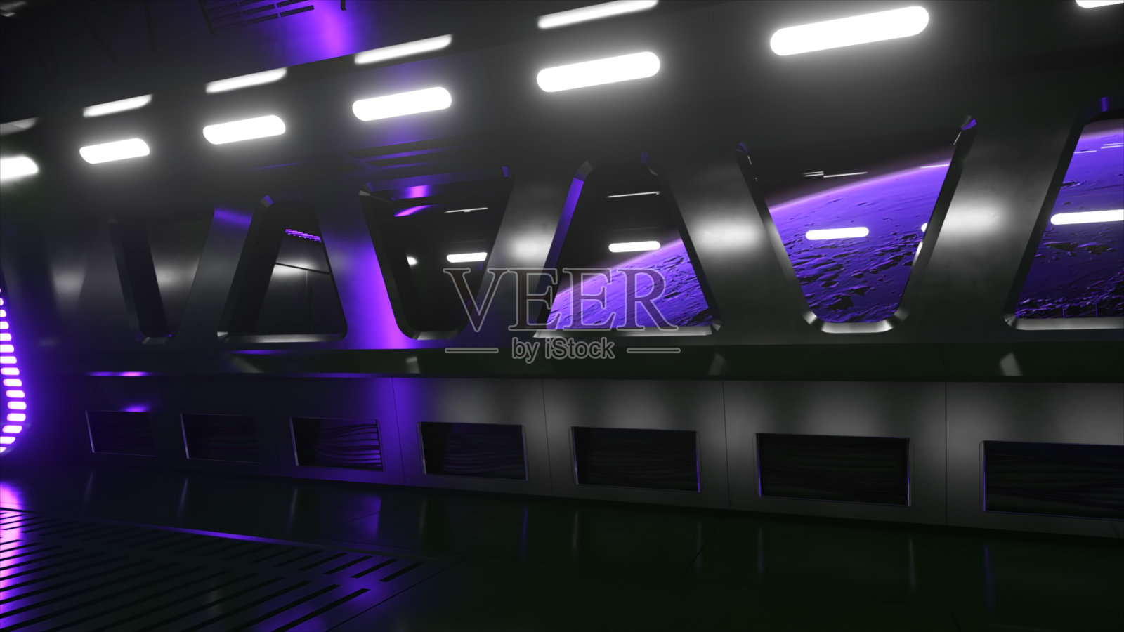 外层空间霓虹照明的科幻隧道。飞船窗外的火星。空间技术的概念。三维演示照片摄影图片