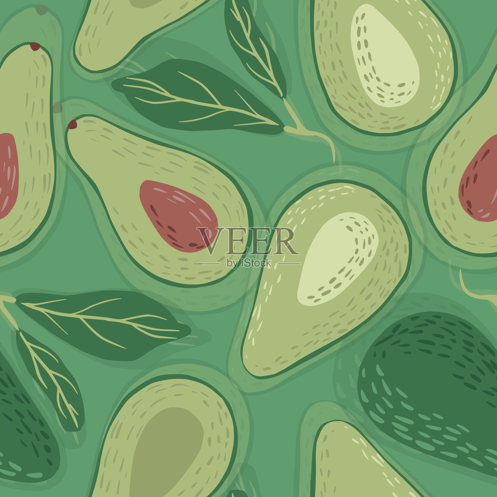 无缝模式鳄梨在绿色背景上插画图片素材