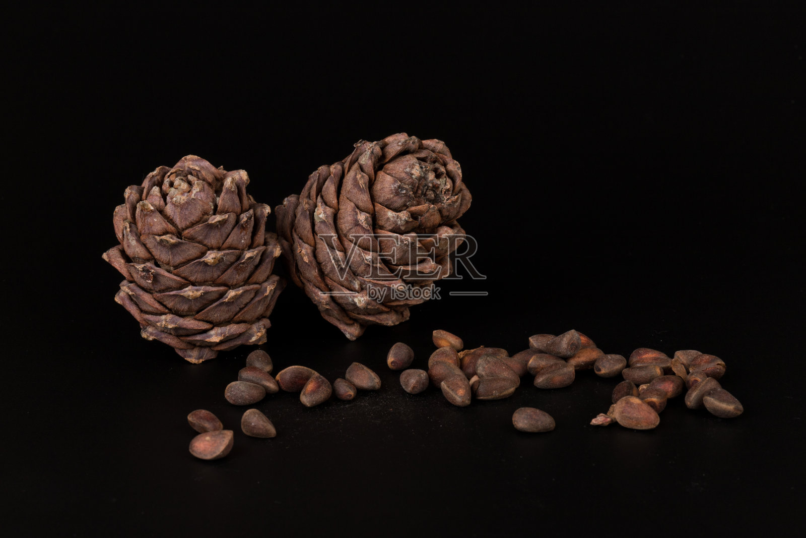 黑色背景上的松子和成熟的松果照片摄影图片