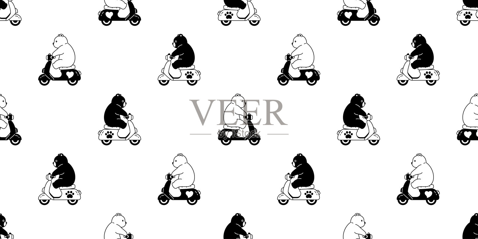 熊无缝图案北极熊矢量骑自行车卡通摩托车瓷砖墙纸涂鸦重复背景插图设计插画图片素材