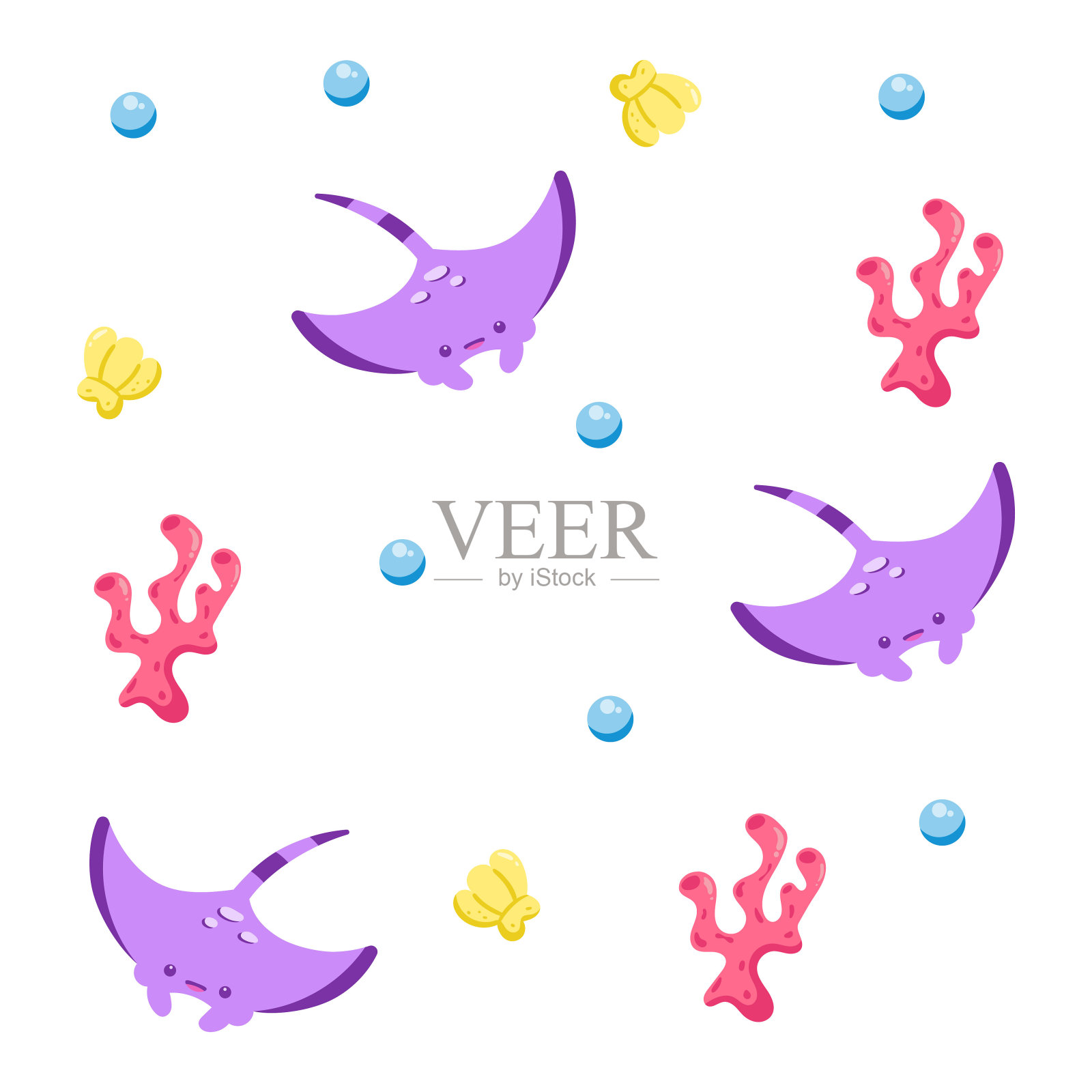 有黄貂鱼和珊瑚的彩色海洋生物图案插画图片素材