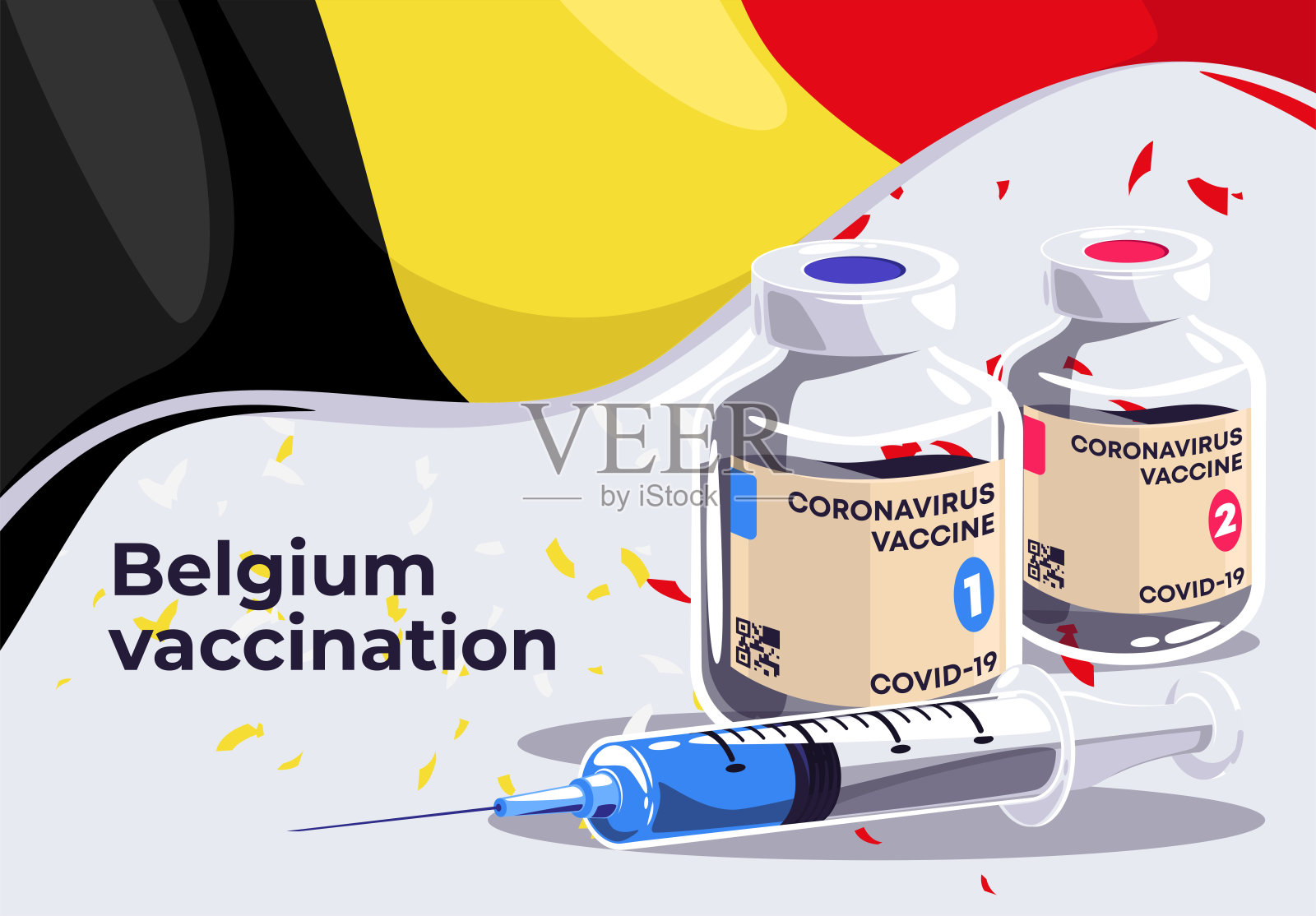 covid-19疫苗载体插图和一个医用注射器，上面悬挂着带有红色纸屑的比利时国旗，以及比利时的疫苗接种设计模板素材