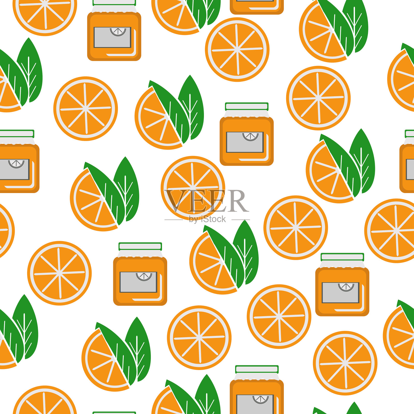 橙子片和果酱罐的无缝图案，多汁的柑橘类水果在白色的背景插画图片素材