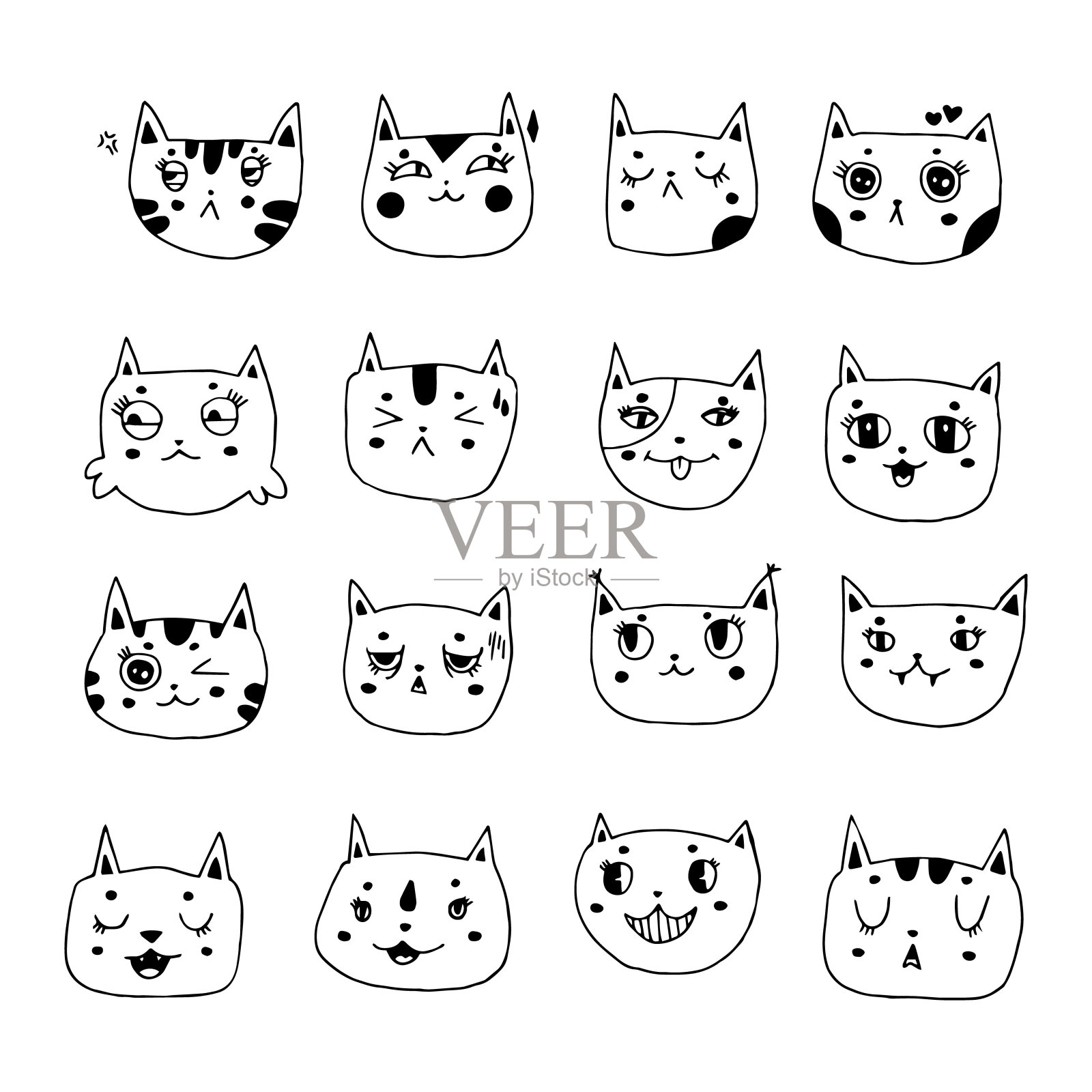 设定可爱的卡通猫与不同的情绪插画图片素材