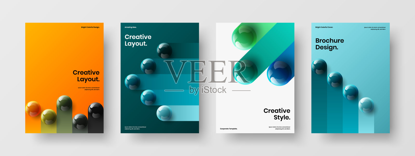 高级3D球传单模板捆绑。多色展示A4设计矢量概念构成。设计模板素材