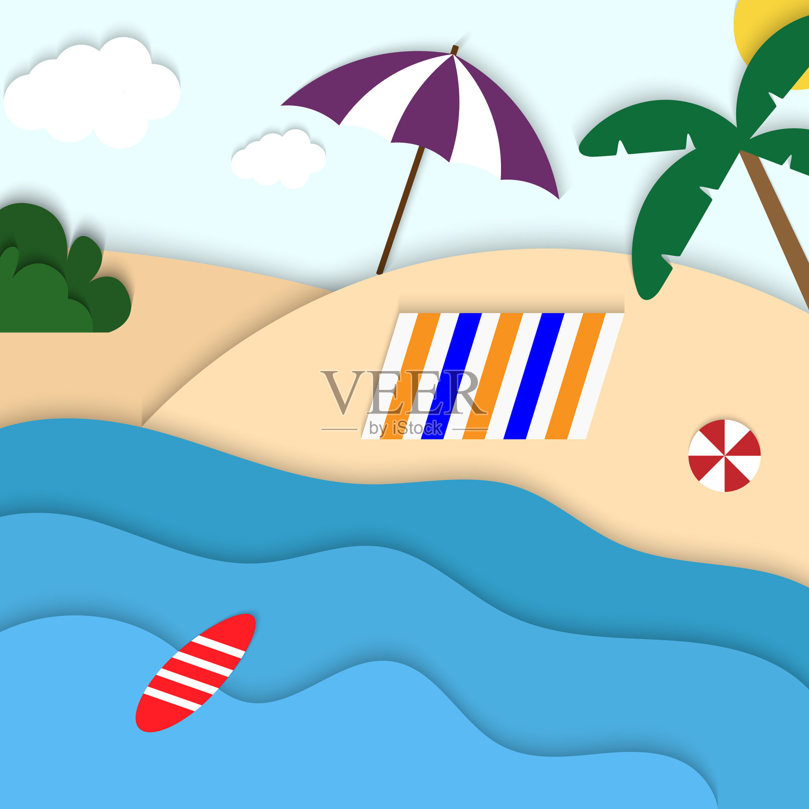 热带海滩假日剪纸背景设计模板素材