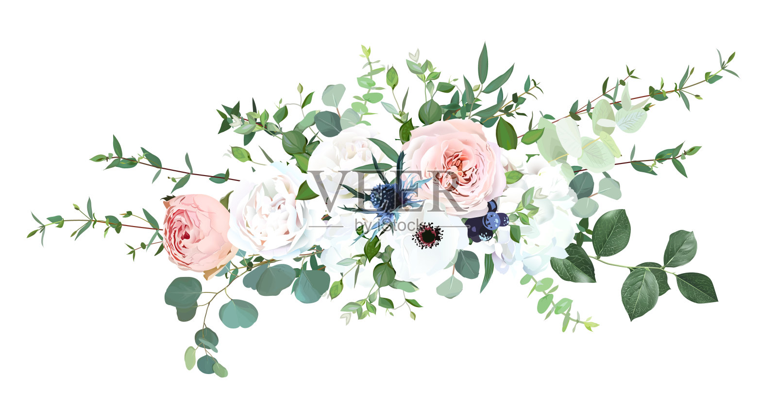 粉红花园玫瑰，银莲花，毛茛，绣球花矢设计花束插画图片素材