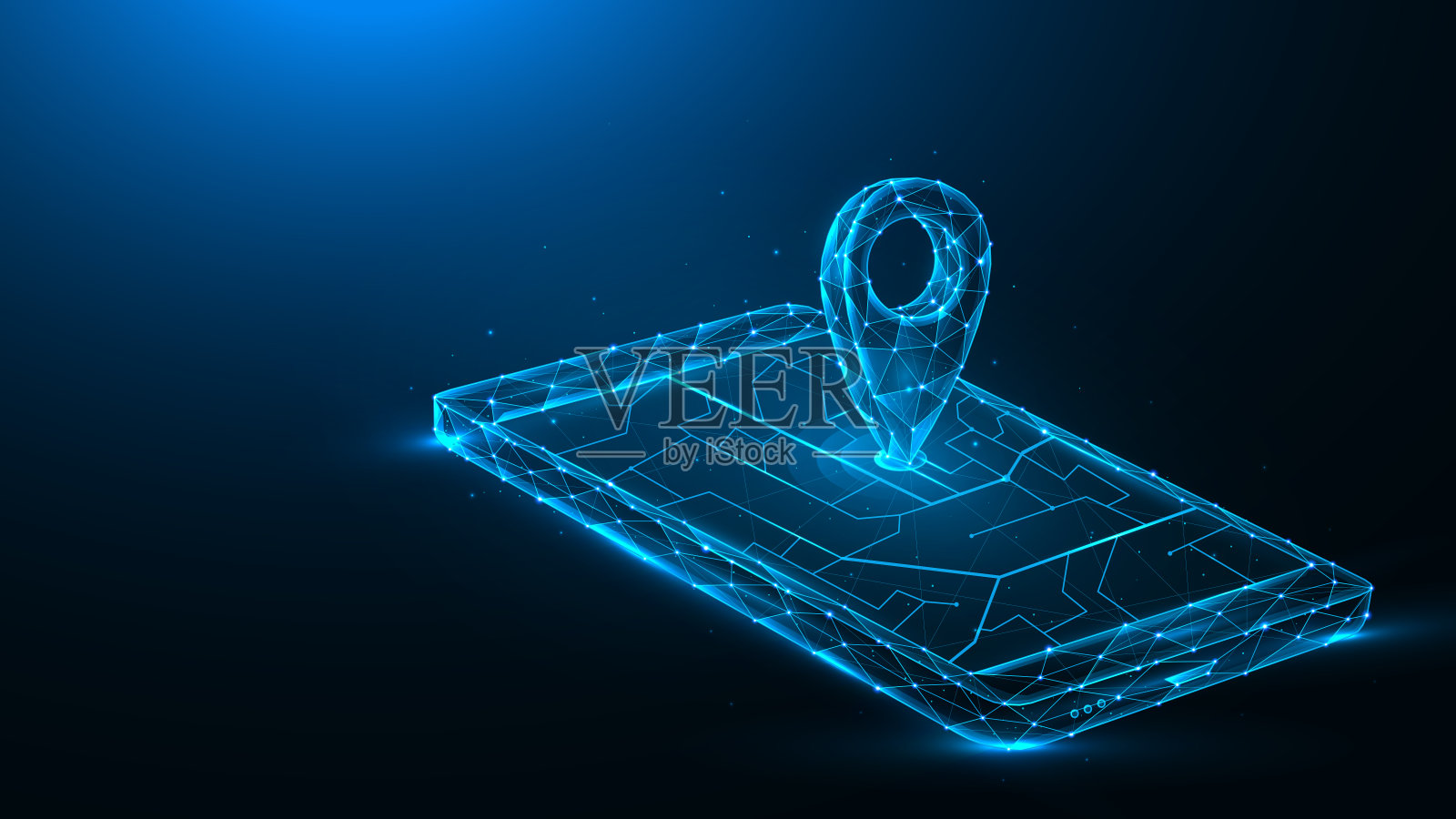 多边形矢量插图的移动gps导航在一个深蓝色的背景。智能手机和地图上的指针的未来概念。插画图片素材