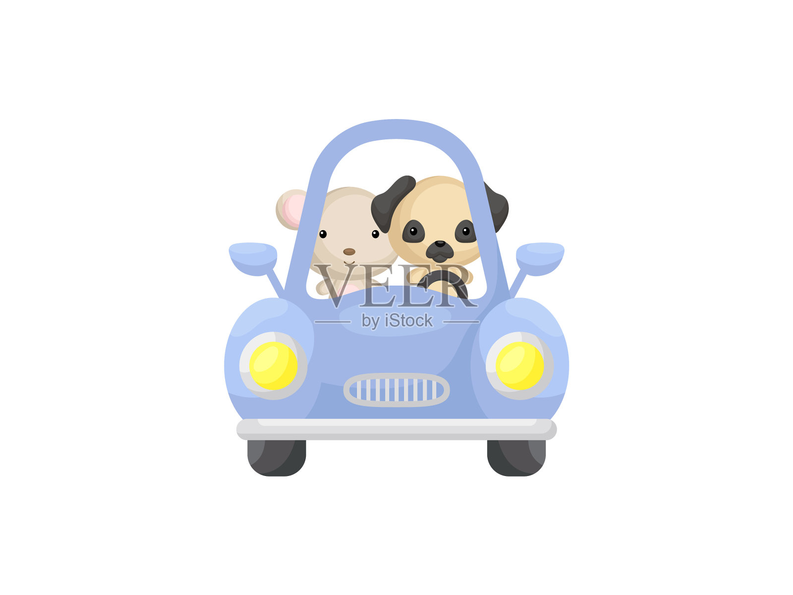 可爱的小老鼠和哈巴狗开着蓝色的车插画图片素材