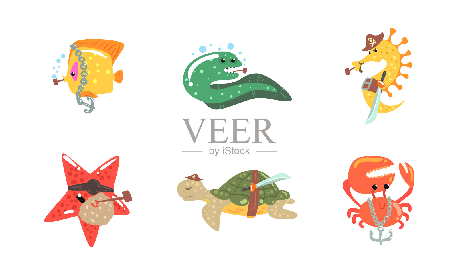 有趣的海盗海洋生物人物设定可爱插画图片素材