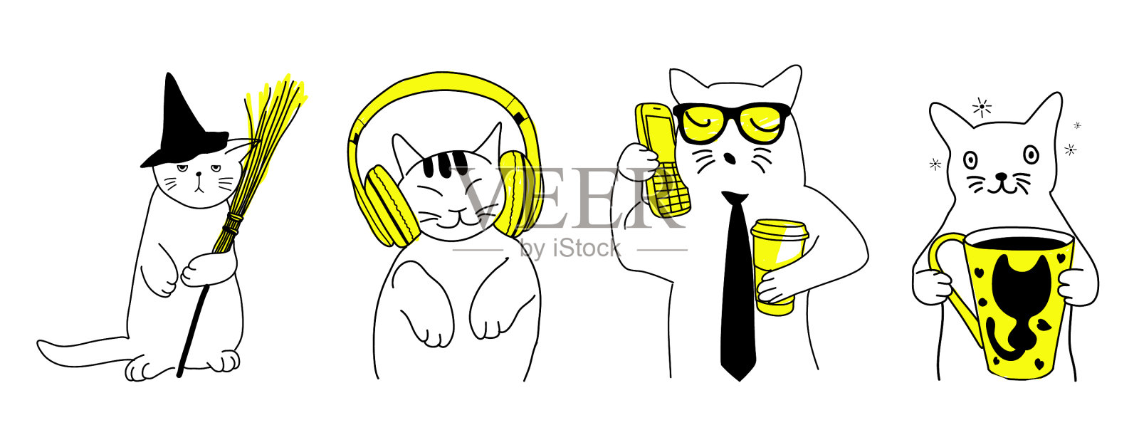 各种有趣可爱的猫设置插画图片素材