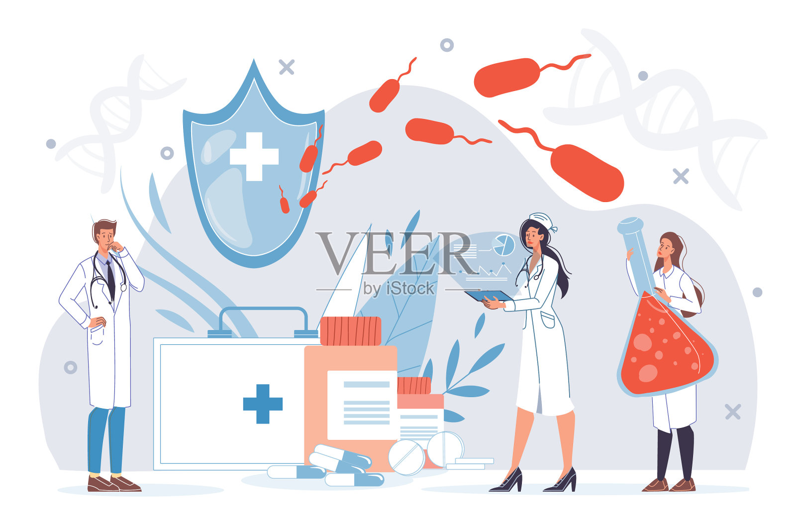 扁平的卡通角色医生在工作设计元素图片