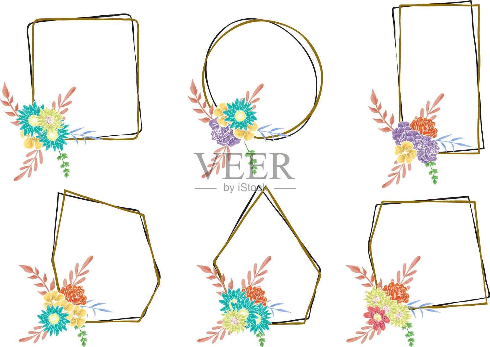 彩色装饰水彩花卉对象插画图片素材