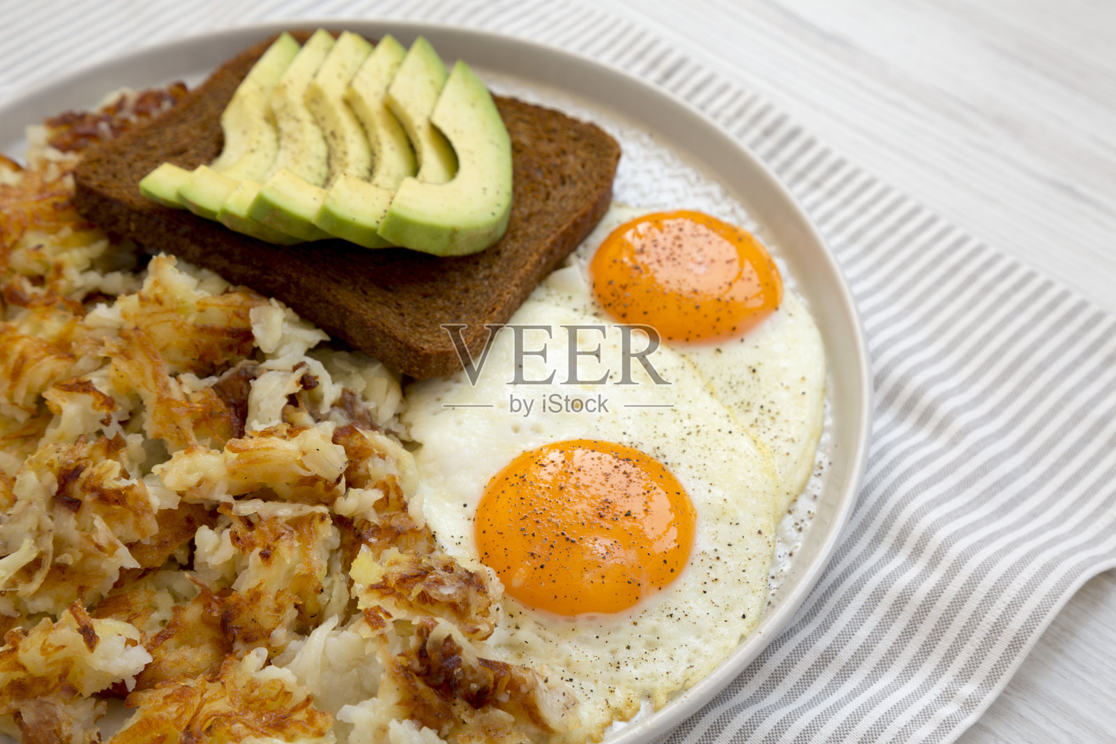 美味的自制炸薯饼和鸡蛋在一个盘子，低角度的观点。副本的空间。照片摄影图片