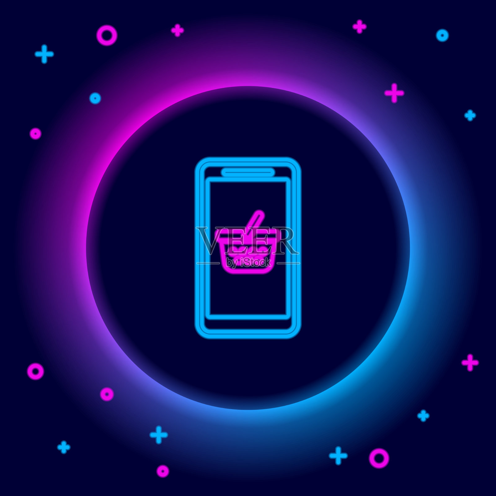 发光的霓虹线手机和购物篮插画图片素材