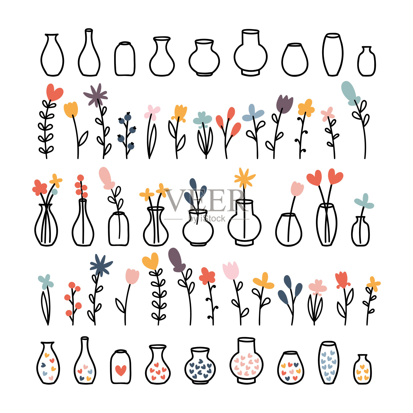 一套手绘花瓶，花束与花盆和鲜花。室内设计。植物的艺术。装饰花卉元素插画图片素材