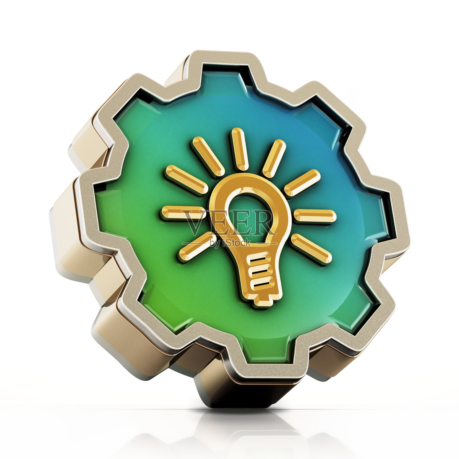齿轮形按钮上的金色灯泡符号隔离在白色背景上。三维演示照片摄影图片