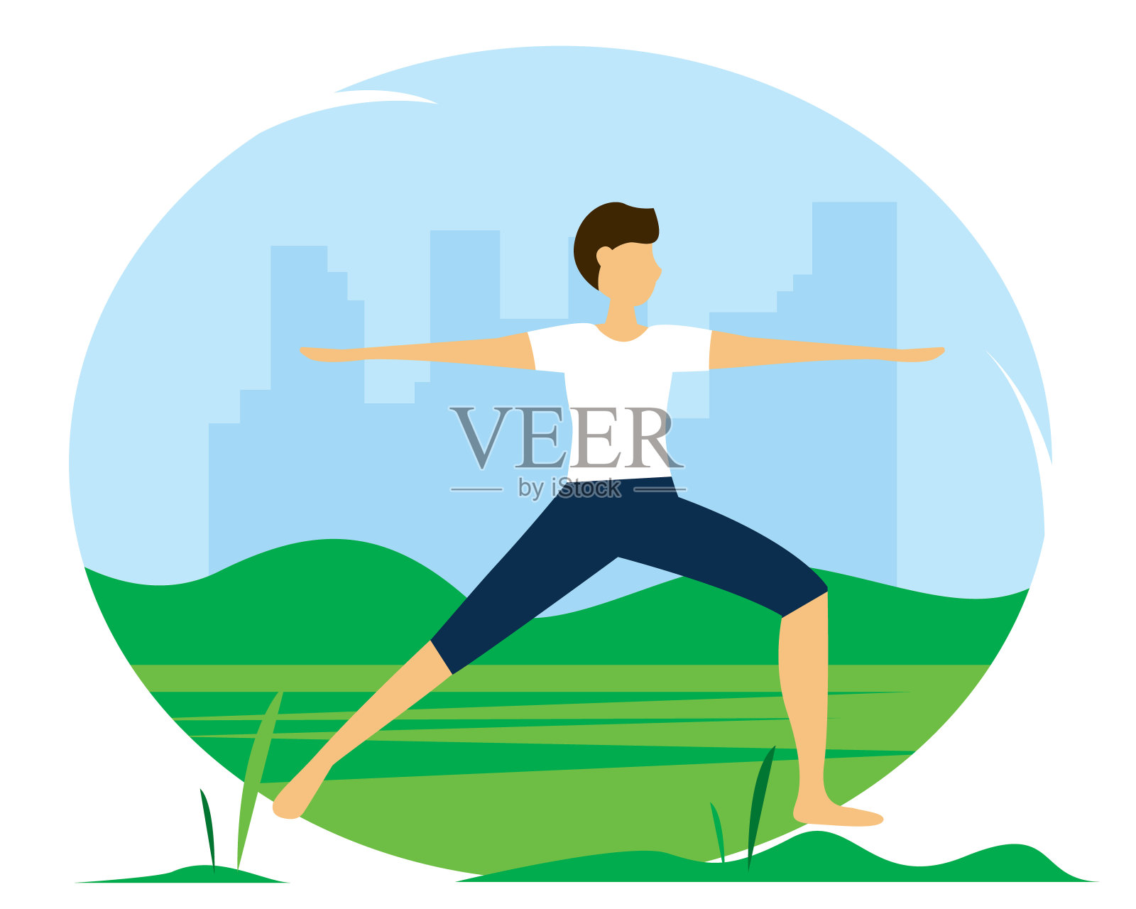 在公园里做瑜伽的男人。阐述健康生活方式、体育锻炼、瑜伽的概念。矢量插图在平面风格插画图片素材