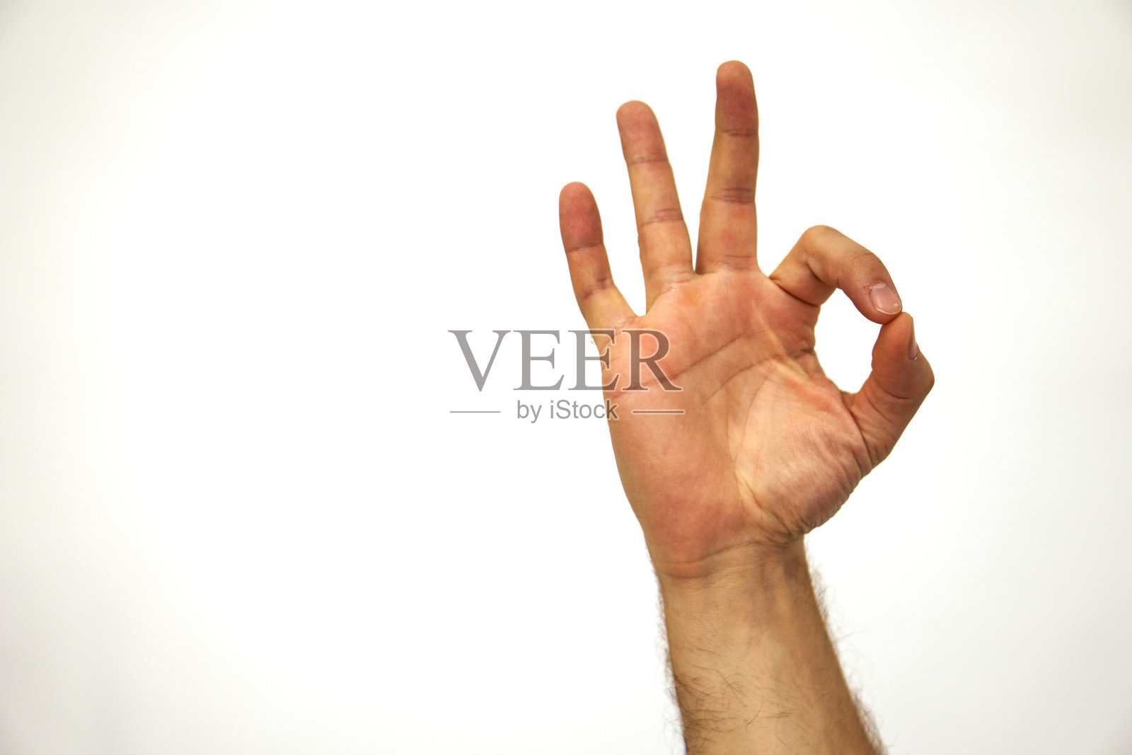 好的姿态。好吧。白种人的手在一个白色的背景和文字的地方。照片摄影图片