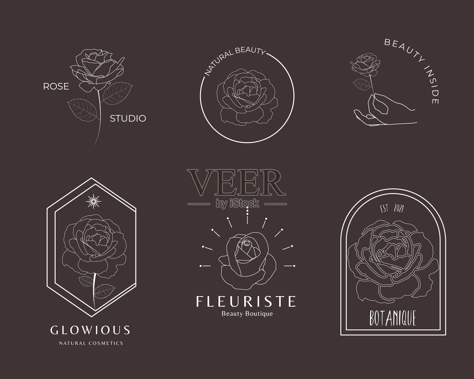 手绘线性玫瑰花标志收集插画图片素材