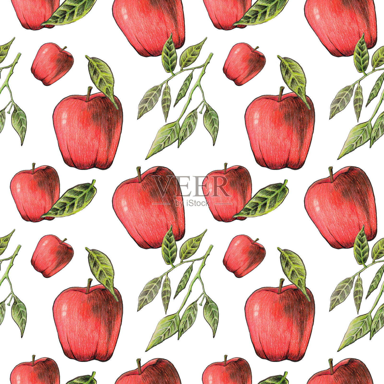 苹果水果无缝图案与彩色铅笔。时尚的空白布料，印刷产品，室内设计，树叶和红色多汁的水果在白色的背景插画图片素材