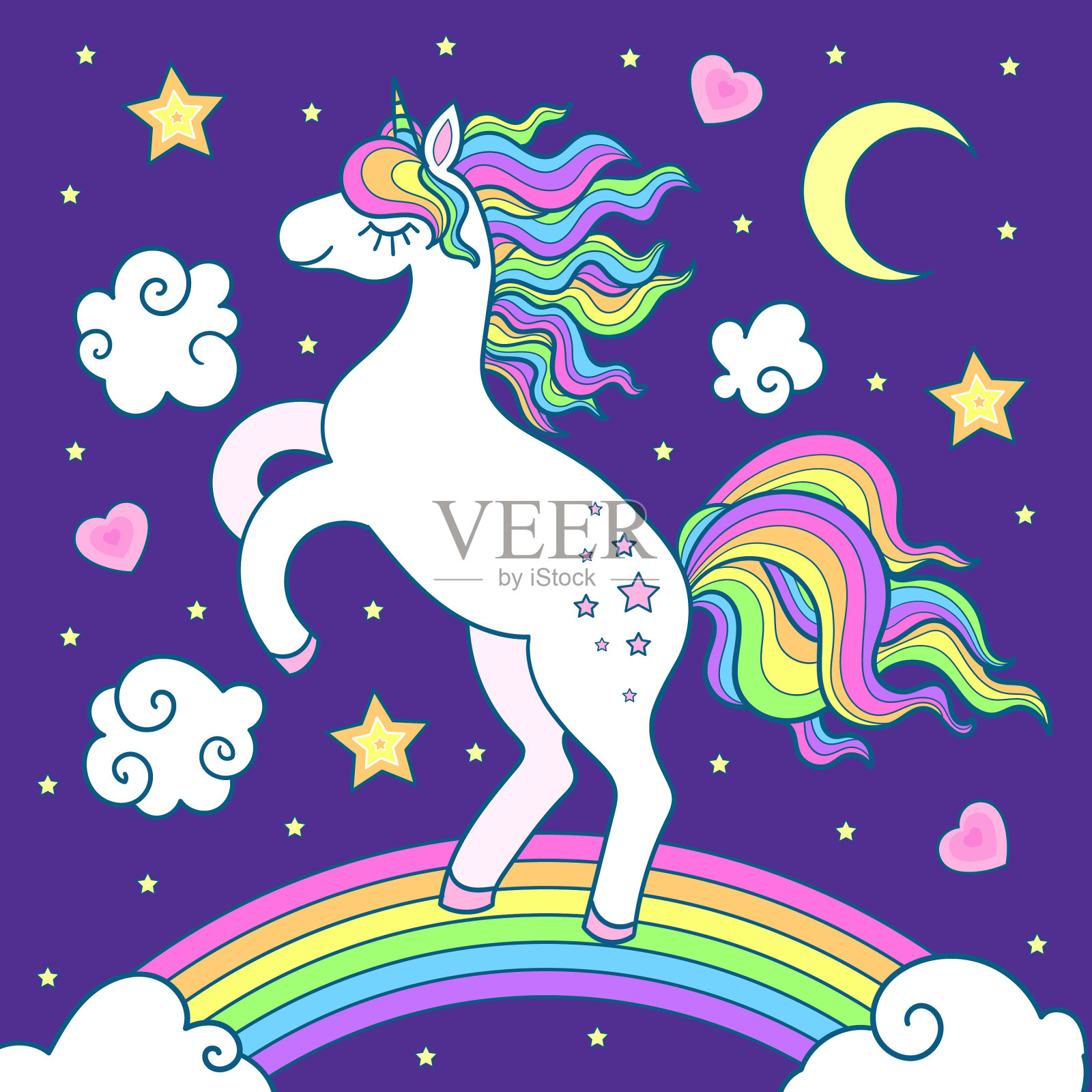 星星间彩虹上的白色独角兽插画图片素材