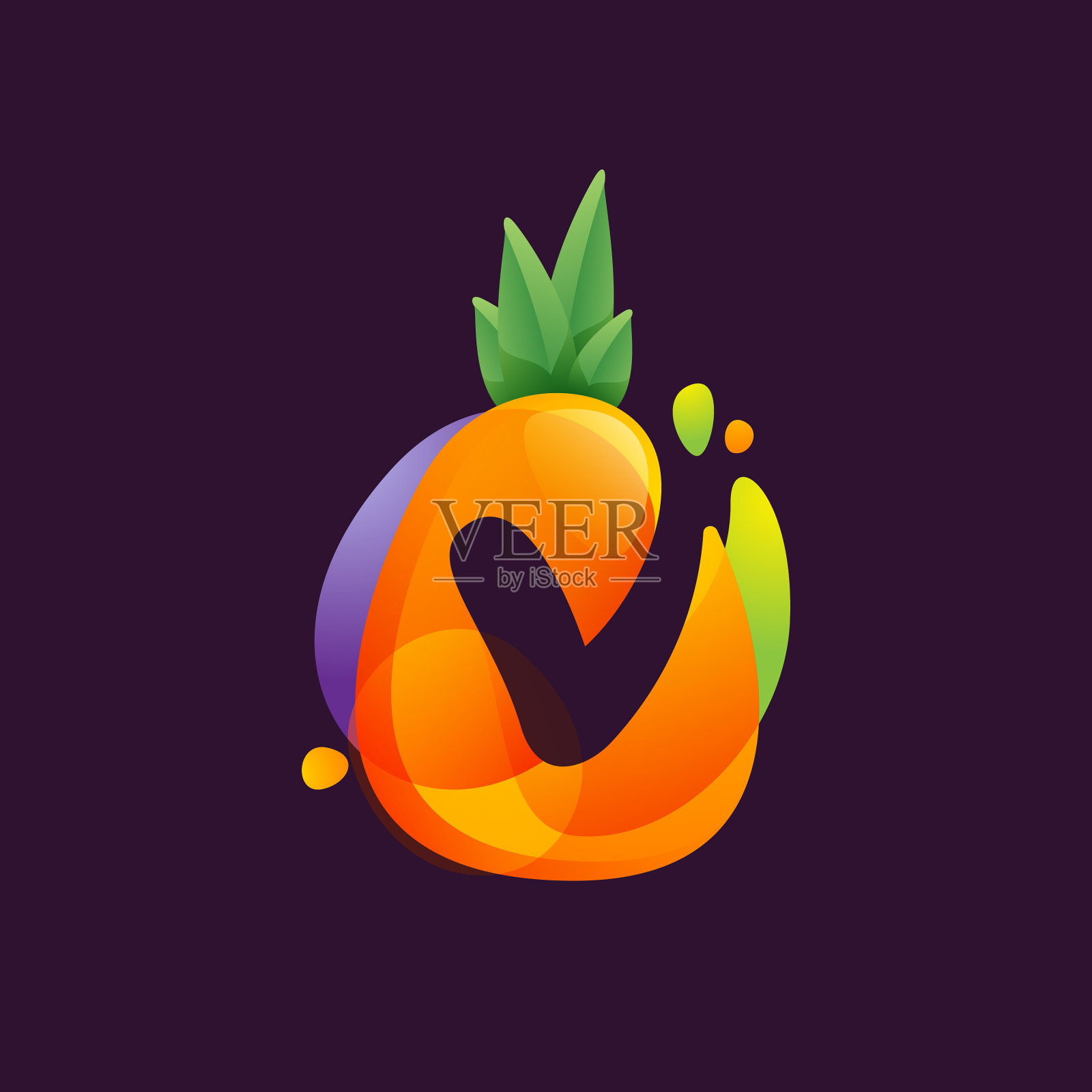 生动的菠萝水果与字母v的否定插画图片素材